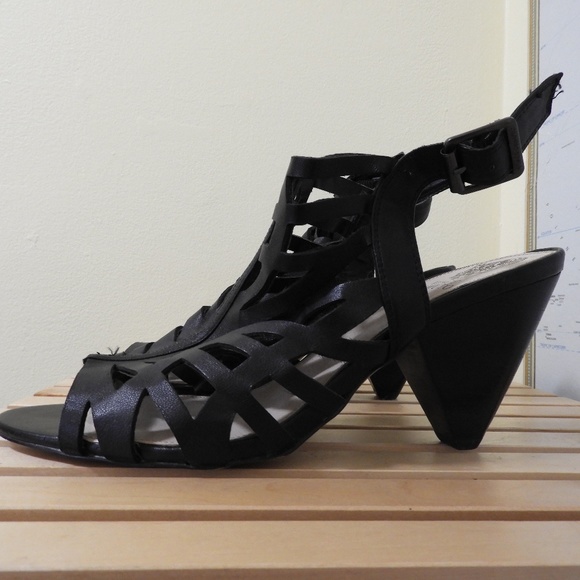Vince Camuto Black Leather Block Heeled Sandals - Picture 2 of 4